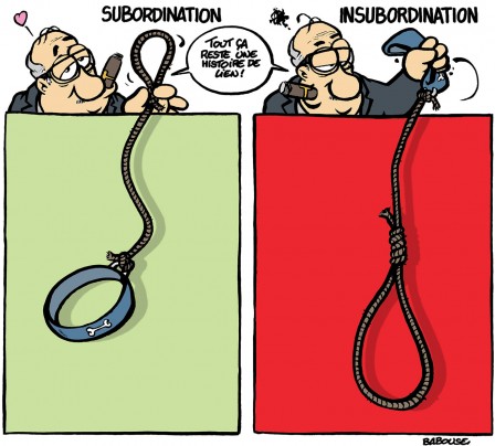 Subordination vs insubordination. image d&rsquo;une laisse de chient d&rsquo;un coté, et corde de pendu de l&rsquo;autre