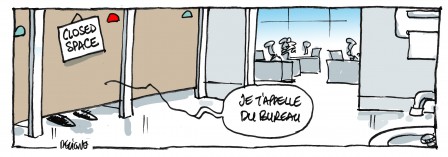 vignette humoristique : personne d&rsquo;un un WC qui dit &ldquo;je t&rsquo;appelle du bureau&rdquo;